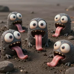 of a dark sandy dessert with strange cute friendly happy creatures with huge eyes, mouth, long tongues and round teeth forming from the ground, in the style of gehry and giger, macro lens, shallow depth of field, highly detailed, digital painting, trending artstation, concept art, illustration, cinematic lighting, vibrant colors, photorealism, epic, octane render