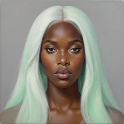 a detailed matte oil on canvas head on symmetrical portrait of black skinned woman with long white and ( ( pale green ) ) hair, clothed by charlie bowater, lise deharme, wlop, trending on artstationhd, dungeons and dragons art critical role
