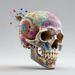 a colorful skull full of paterns slowly dissappearing into the air