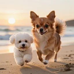 a photorealistic closeup image of a cute brown long haired chihuahua cocker spaniel dog chases a white bichon frise puppy across the beach. sunset, surf. brightly lit. extreme detail. unreal engine