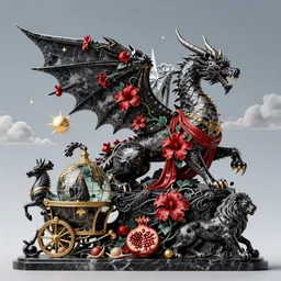 tilt shift, artisan italian masterpiece, sky in background, wyvern, wind rose, Ashford Black Marble, sculpture, baroque,  draped with red Hibiscus and vines and spines, marble and hint gold, space, stars, clouds, suns, moons, drapes, fruits, Obsidian, pomegranade, armour, medieval globe, glass, portrait, mage, centaur, siren, lion, chariot, snails, render, artstation, ultra detailed