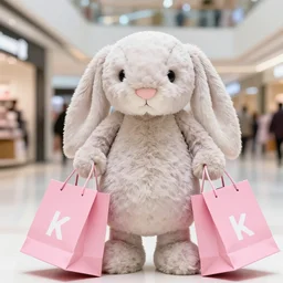 a fluffy cute plush rabbit is shopping in the mall holding pink shopping bags, 8 k, hd