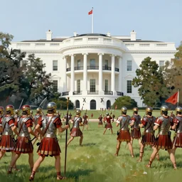 an army of roman soldiers raids the White House, painting, stylized, by Norman Rockwell