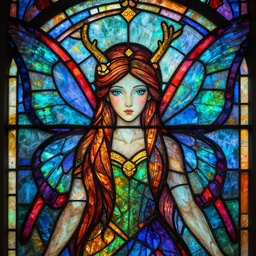 A fairy with big wings, very detailed and accurate faces, stained glass style, colorful, fluorescent