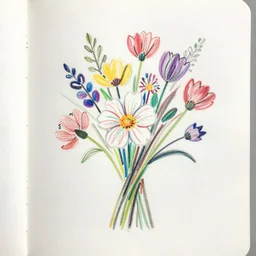 impressionist colored pencil drawing of flower bouquet in a sketchbook, minimalist, on coarse white paper, long colored pencil strokes, sketchbook aesthetic, mixed media