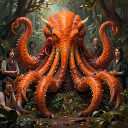 wide shot zoological portrait of orange cthulhu by kuldar leement and ruan jia and brad rigney and micha karcz and brad rigney