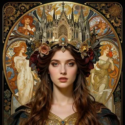 hyperrealistic detailed portrait of a beautiful young goddess with an intricate headgear morphing into a gothic cathedral, authentic ornamental architecture, art by ernst haeckel, john william godward, android jones, alphonso mucha, h. r. giger, gothic, neo - gothic, ornamental, beautiful deep colours,