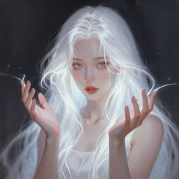girl with silk glowing white hair with glowing white stings coming out of her hands, concept art trending on artstation oilpaint portrait character design