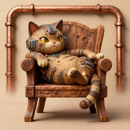 cat character laying, wood carved chair, cute cat, cyber punk cat, big cat, super powers, concept art, by greg rutkowski, old copper pipes, complementing colors