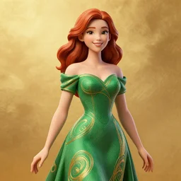 Highly detailed 3D Sculpture of a beautiful young woman with red hair, smiling by Mary Dimary and Craig Mullins, Green dress, Golden Background, Fabric texture, Golden thread, intricate patterns, Trending on artstation, pinterest, cgsociety, 4k, 8k, HDR, unreal engine