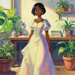 black - skinned alchemist in a well - lit study with potted plants, wearing an elegant dress with vaporwave elements. this gouache painting by the award - winning mangaka has an interesting color scheme and impeccable lighting.