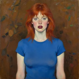 expressive medium shot portrait of a pale sexy young 8 0 s model busty woman with tomboy red hair and freckles, big maroon lips, wearing a blue tight tshirt, brown foliage background, oil painting, impasto, muted colors, artwork by lucian freud, arnold bocklin, paula rego