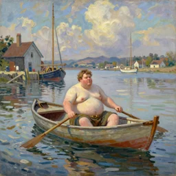fat chuck in a rowboat in a colonial harbor in the style of impressionism
