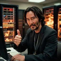 Keanu reeves as a system administrator, doing a thumb up, there are servers in flames in the background, 35mm