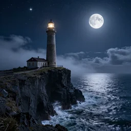 black cliff with lighthouse, the stars shine in the starry sky, bright moon, waves, sparkling sea, clouds and fog, whimsical, detailed, volumetric lights, intricate details, raytracing, great complexity, cinematic, film, 8 k, octane render by ivan aivazovsky and noah bradley
