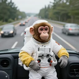 an astronaut monkey, on a highway full of cars at high speed, c 5