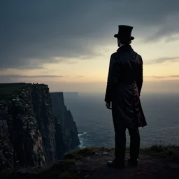 a silhouette of a man costumed in top hat and silk tailcoat looking at the horizon from the top of a cliff, far away, atmospheric depth, light painting