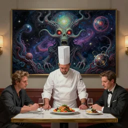 a chef at an an americana diner, cosmic horror painting, elegant intricate digital painting artstation concept art by mark brooks and brad kunkle extreme detail 4 k