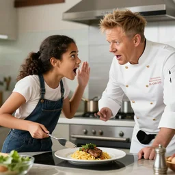 trinidad female teenager getting shouted at by gordon ramsay for cooking subpar food, photography
