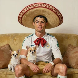 portrait of cristiano ronaldo wearing a sombrero on his head, sitted on the couch with a chihuahua, painted by greg rutkowski and noriyoshi ohrai and michael kaluta, 8 k, high quality