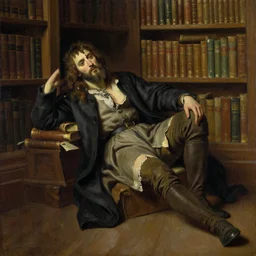 broken lord resting the library, oil painting, by greg rutkowski