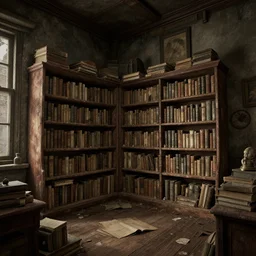 unreal engine render of an old, dusty bookstore