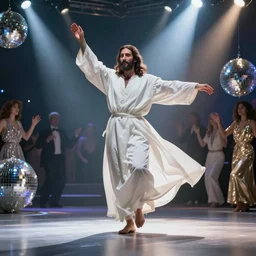jesus christ in a white robe dancing at the disco
