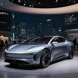 photograph of a concept car for the year 2050, inner city background night shot, dramatic lighting.