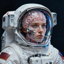 realistic extremely detailed  photo style portrait painting of a complete astronaut suit with exposed diamond 3d fractal lace iridescent bubble 3d skin clear brain , retro futuristic ,water , style hybrid mix of beeple and Anton Pieck, rich moody colors,diamond dust glitter and sparkles, holographic krypton ion,blue eyes,octane render,4k,f32