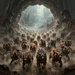 hordes of beasts coming out of a dimensional portal, concept art, digital illustration, trending on artstation, deviantart, artgerm, epic composition, masterpiece, highly detailed, advanced technique, ambient lighting, wlop, ross draws
