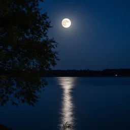 reflection of the moon on water at night with tree on foreground