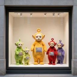 diorama windowstore vitrine at the american museum of natural history, new york, of very realistic dissected teletubbies as furry animals, photography by guy bourdin