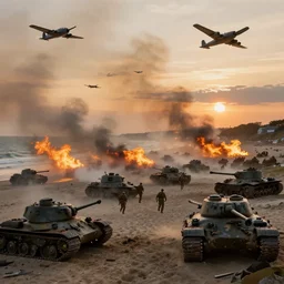 the normandy!!!!! landings, d - day, 1 9 4 5, sunset, chaos!!!, smoke, fire, soldiers charging in, airplanes bombing the beach, destroyed tanks, highly detailed, wide shot, sadness, cinematic, ultra realistic!!!, ray tracing, ( ( painting ) ) by jessica rossier and ivan shishkin