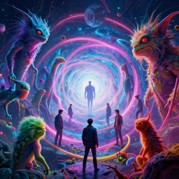 strange mysterious creatures, infinite quantum portal, synthwave, bright neon colors, highly detailed, cinematic, panoramic, tim white, michael whelan, roger dean, bob eggleton, chris foss, vladimir kush, kubrick, kimura, isono