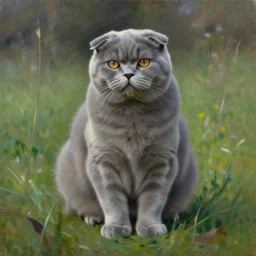 fat grey scottish fold sitting in a meadow, expressive oil painting, by leonid afremov