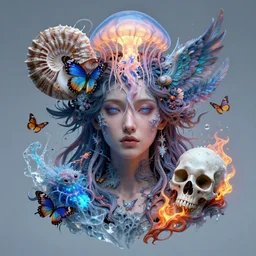 goddess portrait. jellyfish phoenix head, nautilus, butterfly, skull, ice and fire, bioluminiscent creatures, intricate artwork by Tooth Wu and wlop and beeple. octane render, trending on artstation, greg rutkowski very coherent symmetrical artwork. cinematic, hyper realism, high detail, octane render, 8k