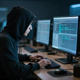 professional photograph of a hacker hacking a computer, hd