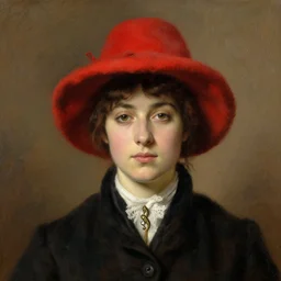 frontal portrait of a woman wearing a red hat, by john singer sargent.