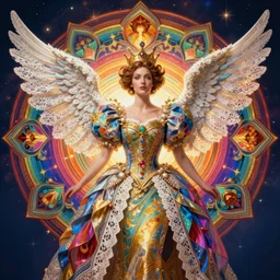 full body portrait of an eleven queen with lace wings by artgerm, mandala, rococo, vivid color, complementary color, golden ratio, detailed, sharp lines, sharp focus, intricate, rainbowshift, by maxfield parrish, by peter mohrbacher, by gustave dore, by alphonse mucha, deviantart, octane render