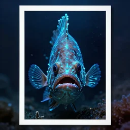a detailed spooky photograph of an angler fish with light blue neon - like lights, deep underwater scene, menacing angler fish, symmetry, poster