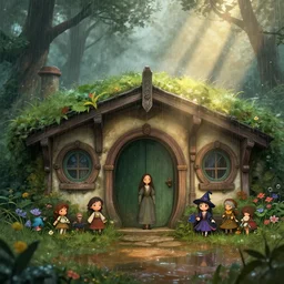 a medieval hobbit home, brunette witch, ornate, beautiful, atmosphere, vibe, mist, rain, wet, rain drops, puddles, forest, flowers, concept art illustration, color page, 4 k, tone mapping, doll, akihiko yoshida, james jean, andrei riabovitchev, marc simonetti, yoshitaka amano, digital illustration, greg rutowski, volumetric lighting, sunbeams, particles