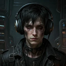 a epic close portrait shot cinematic shot of of a emo dude who is listening to all kinds of music with headphones on in a dark liminal technology space room, gritty tech, deep focus, fantasy, intricate, elegant, highly detailed, digital painting, detailed gritty face, artstation, concept art, matte, sharp focus, illustration, dark fantasy style art, resident evil, art by artgerm and greg rutkowski and alphonse mucha