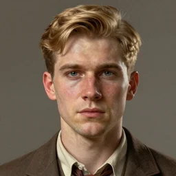A videogame portrait of a young Irish man with high cheekbones. Good bone structure. Dressed in 1940s style. (Blond). Highly detailed, fine Art, high detail, great lighting, 8k resolution, masterpiece, concept art, illustration, clear eyes, painting oil on canvas, octane render, HDR, trending on artstation, 4k, 8k, HD