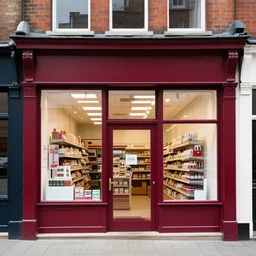 Shopfront of a convenience store in anthracite with red burgundy details, award winning architectural design, best of retail