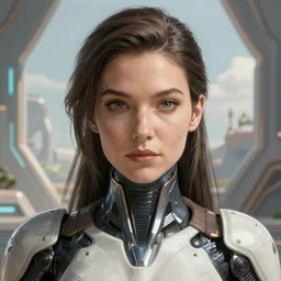closeup portrait shot of a female biomechanic woman in a scenic scifi environment, intricate, elegant, highly detailed, centered, digital painting, artstation, concept art, smooth, sharp focus, warframe, illustration, thomas kinkade, tomasz alen kopera, peter mohrbacher, donato giancola, leyendecker, boris vallejo