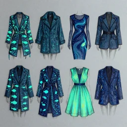fashion sketches for a new line of bioluminescent clothes inspired by deep sea fish