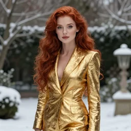 portrait of a woman with long red hair, very beautiful style, the girl standing, in a gold suit, photorealism, against a winter gardenandrei tarkovsky maurilio manara,