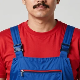 highly detailed photograph of a man with a mustache wearing a red shirt, blue overalls, and a red cap, artstation, art by hirohiko araki and jojo bizarre adventure, digital illustration, ornate details,