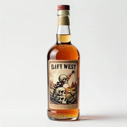 old west whiskey bottle contains whiskey made from life energy and has a label featuring illustration of a skull drinking from the same bottle in a recursive image of itself