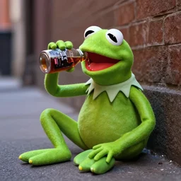 DSLR photo of Kermit the frog drunk in a back alley